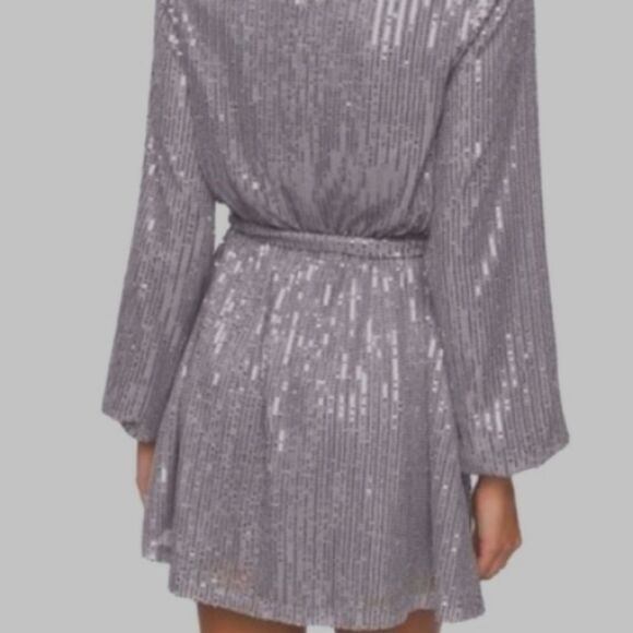 Silver Sequins Mock Wrap Mini Dress Cocktail Long Sleeve New with Tags size S - Picture 9 of 12